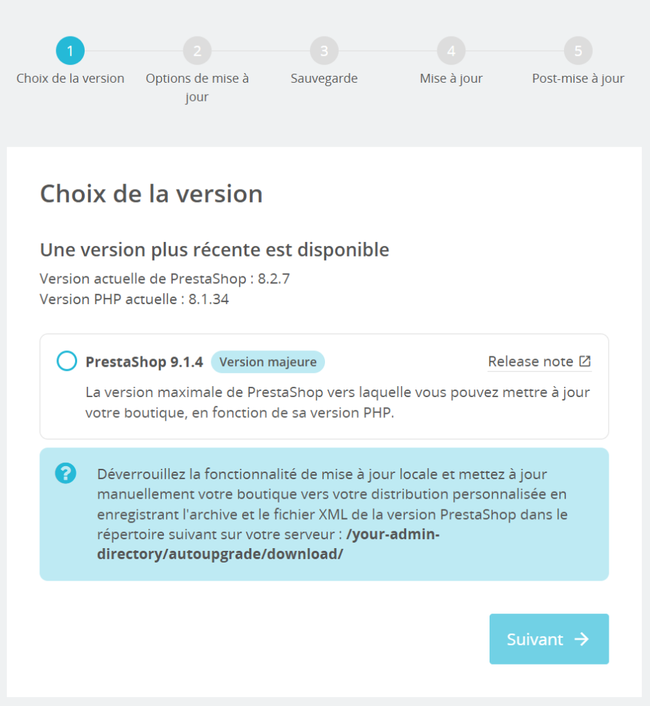 Capture d'écran de l'update assistant officiel de PrestaShop.