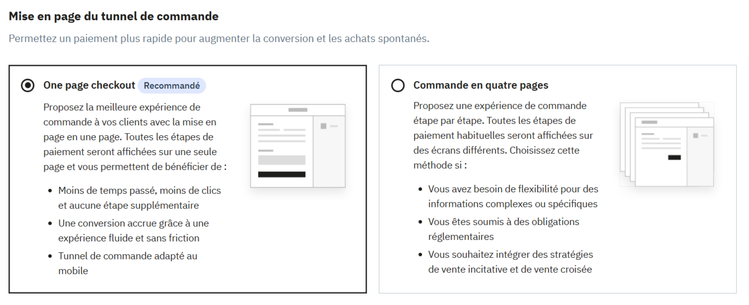 Ecran de choix de la mise en page du tunnel de commande PrestaShop 9.2: One page checkout, ou en 4 étapes.